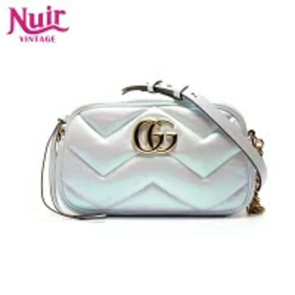 Gucci Marmont Leather Camera Bag Chain Metallic Shoulder White